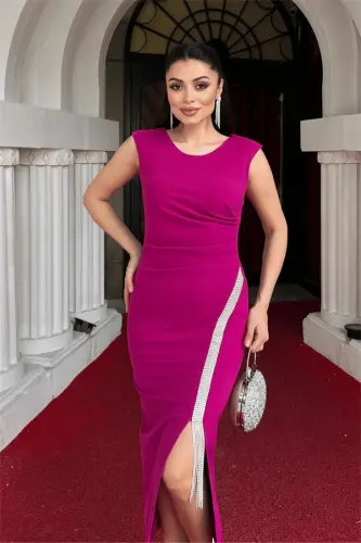 Atlas Fabric Stone Detailed Pencil Dress - FUCHSIA - 3