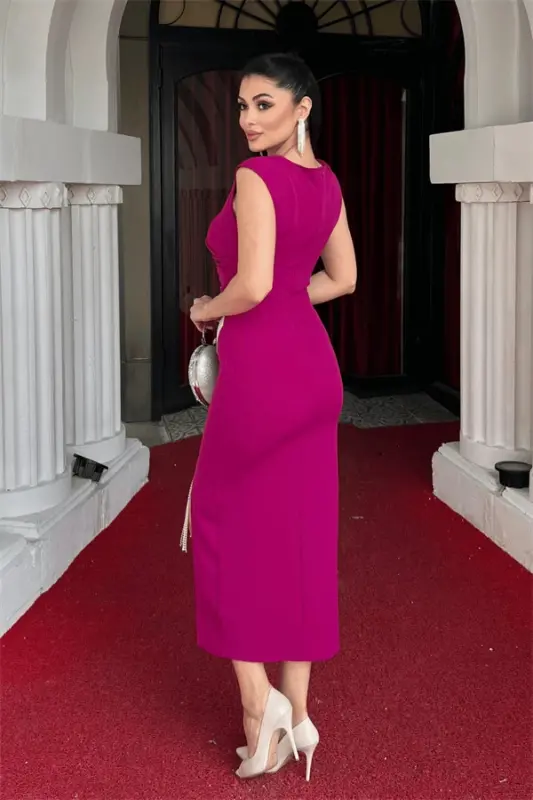 Atlas Fabric Stone Detailed Pencil Dress - FUCHSIA - 5