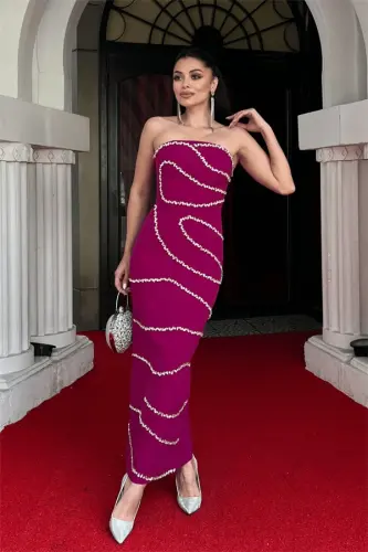 Atlas Fabric Stone Detailed Pencil Dress - FUCHSIA - BÜYÜKBEDENIZ (1)