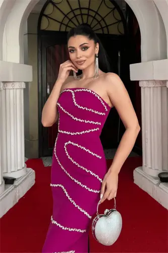 Atlas Fabric Stone Detailed Pencil Dress - FUCHSIA - 3