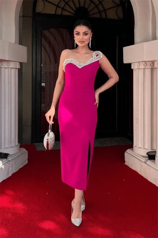 Atlas Fabric Stone Detailed Pencil Dress - FUCHSIA - 1