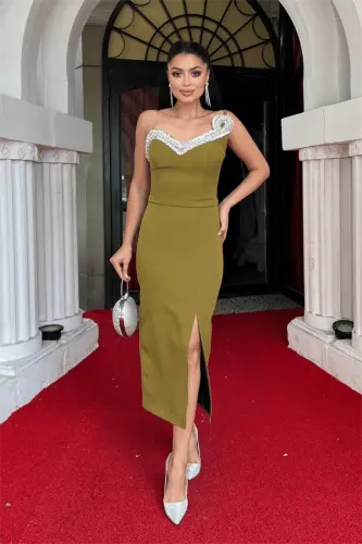 Atlas Fabric Stone Detailed Pencil Dress - KHAKI GREEN - BÜYÜKBEDENIZ (1)