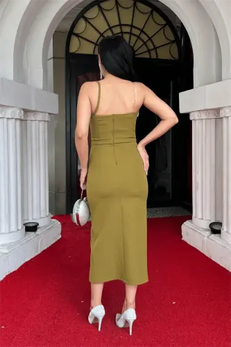 Atlas Fabric Stone Detailed Pencil Dress - KHAKI GREEN - 5