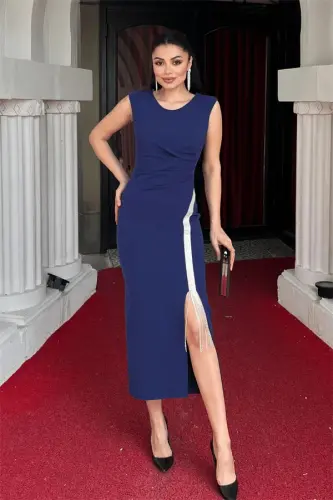 Atlas Fabric Stone Detailed Pencil Dress - NAVY BLUE - 1