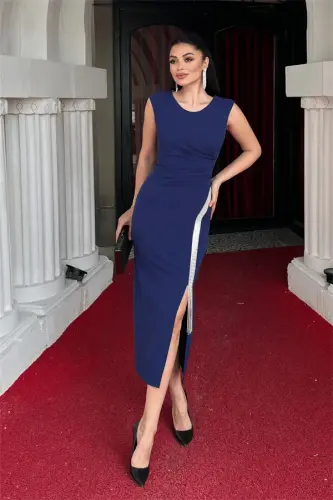 Atlas Fabric Stone Detailed Pencil Dress - NAVY BLUE - BÜYÜKBEDENIZ (1)