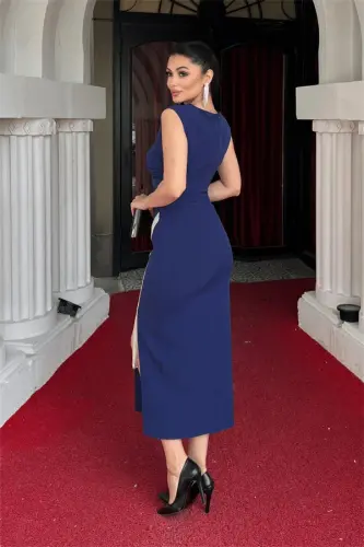 Atlas Fabric Stone Detailed Pencil Dress - NAVY BLUE - 5