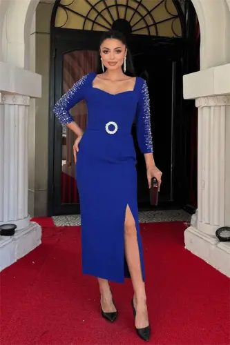 Atlas Fabric Stone Detailed Pencil Dress - NAVY BLUE - 1