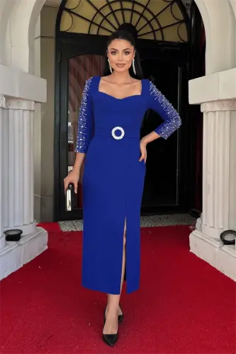 Atlas Fabric Stone Detailed Pencil Dress - NAVY BLUE - BÜYÜKBEDENIZ (1)