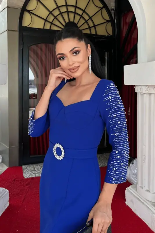 Atlas Fabric Stone Detailed Pencil Dress - NAVY BLUE - 3