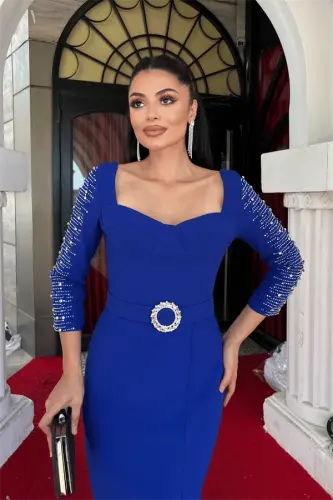 Atlas Fabric Stone Detailed Pencil Dress - NAVY BLUE - 4