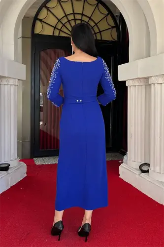 Atlas Fabric Stone Detailed Pencil Dress - NAVY BLUE - 5