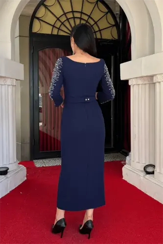 Atlas Fabric Stone Detailed Pencil Dress - NAVY BLUE - 5