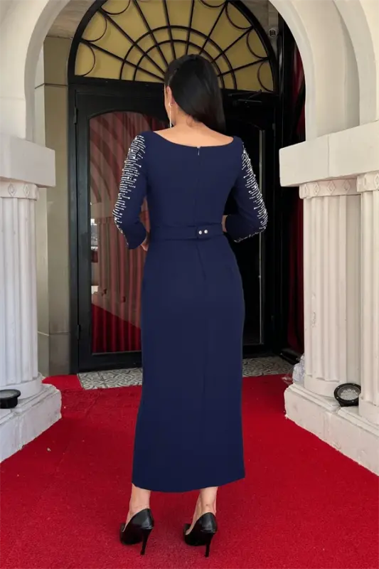 Atlas Fabric Stone Detailed Pencil Dress - NAVY BLUE - 5