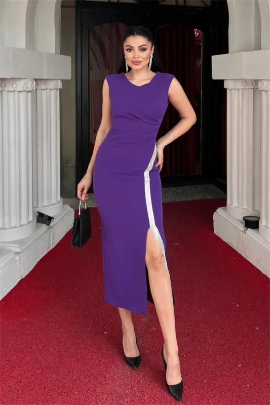 Atlas Fabric Stone Detailed Pencil Dress - PURPLE - BÜYÜKBEDENIZ