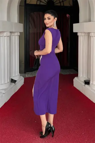 Atlas Fabric Stone Detailed Pencil Dress - PURPLE - 5