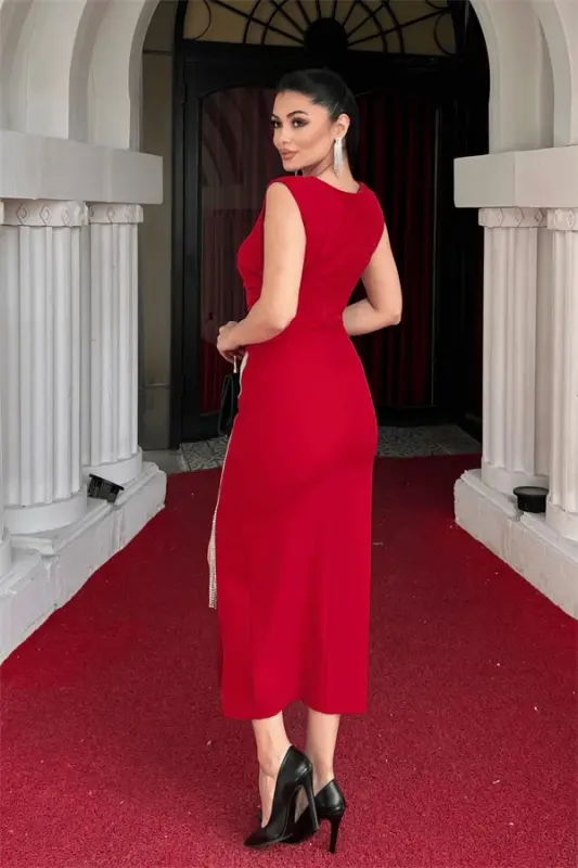 Atlas Fabric Stone Detailed Pencil Dress - RED - 5