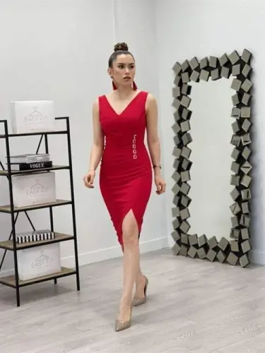 Atlas Fabric Stone Detailed Pencil Dress - RED - 1