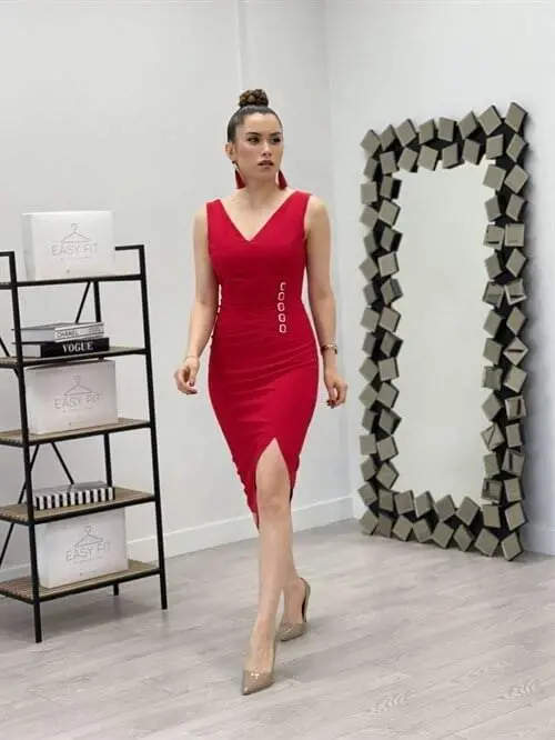 Atlas Fabric Stone Detailed Pencil Dress - RED - 1