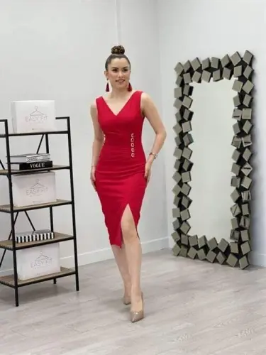 Atlas Fabric Stone Detailed Pencil Dress - RED - BÜYÜKBEDENIZ (1)
