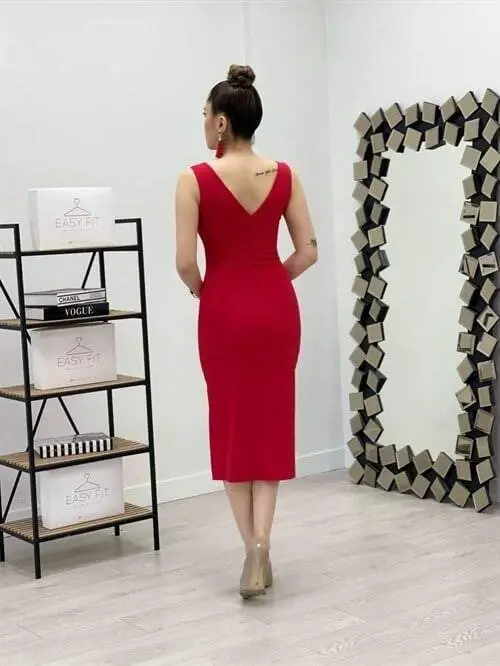 Atlas Fabric Stone Detailed Pencil Dress - RED - 5