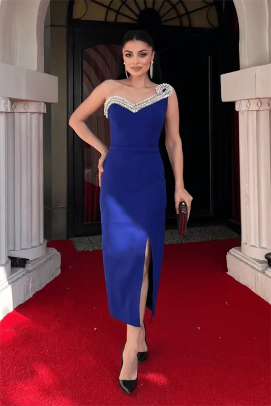 Atlas Fabric Stone Detailed Pencil Dress - SAX BLUE - BÜYÜKBEDENIZ