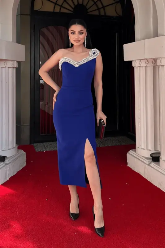 Atlas Fabric Stone Detailed Pencil Dress - SAX BLUE - 2