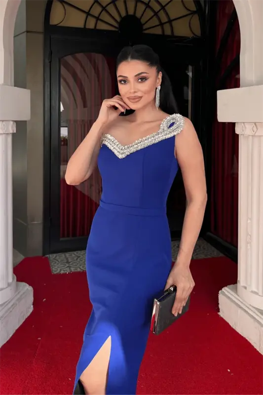 Atlas Fabric Stone Detailed Pencil Dress - SAX BLUE - 3