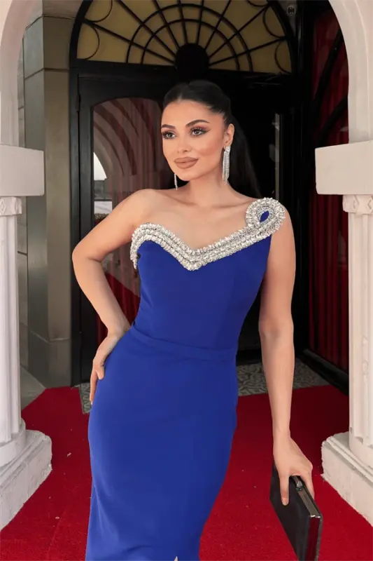 Atlas Fabric Stone Detailed Pencil Dress - SAX BLUE - 4