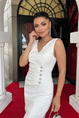 Atlas Fabric Stone Detailed Pencil Dress - WHITE - 3