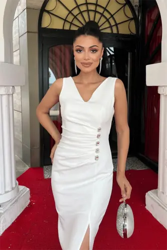 Atlas Fabric Stone Detailed Pencil Dress - WHITE - 4