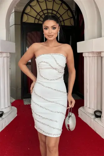 Atlas Fabric Stone Detailed Strapless Mini Dress - WHITE - 3