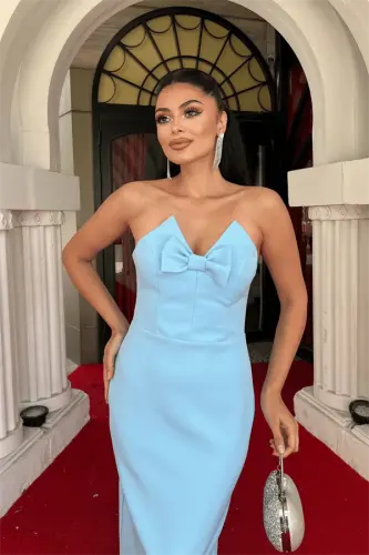 Atlas Fabric Strapless Bow Detailed Pencil Dress - BABY BLUE - 3
