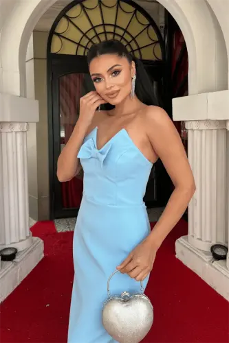 Atlas Fabric Strapless Bow Detailed Pencil Dress - BABY BLUE - 4