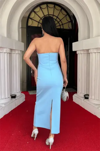 Atlas Fabric Strapless Bow Detailed Pencil Dress - BABY BLUE - 5