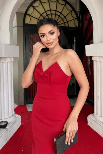 Atlas Fabric Strapless Bow Detailed Pencil Dress - BURGUNDY - 4