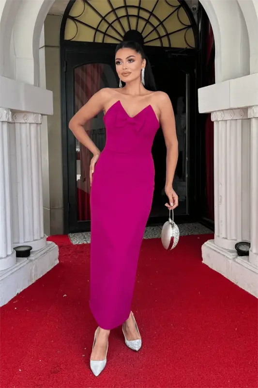 Atlas Fabric Strapless Bow Detailed Pencil Dress - FUCHSIA - BÜYÜKBEDENIZ