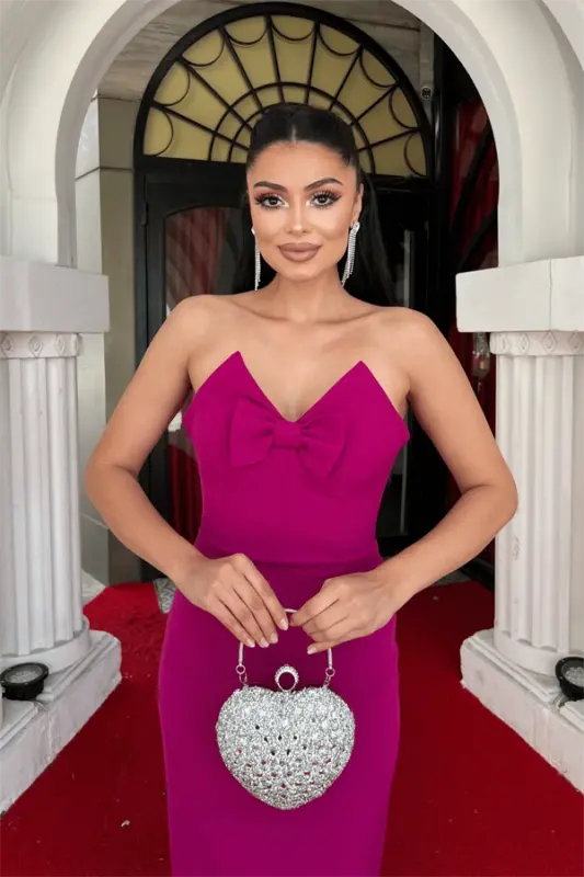 Atlas Fabric Strapless Bow Detailed Pencil Dress - FUCHSIA - 4