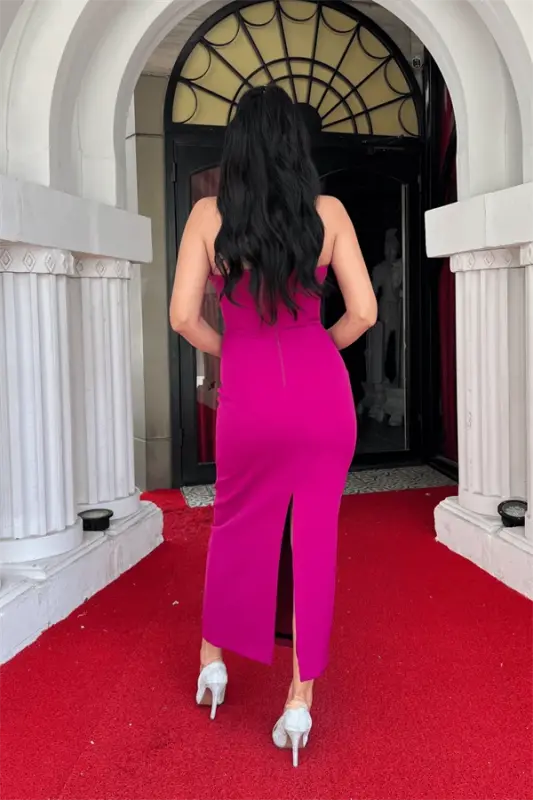 Atlas Fabric Strapless Bow Detailed Pencil Dress - FUCHSIA - 5