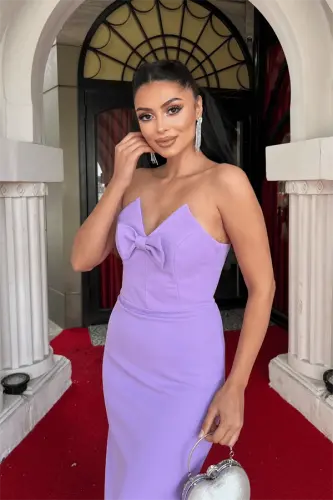 Atlas Fabric Strapless Bow Pencil Dress - LILAC - 3