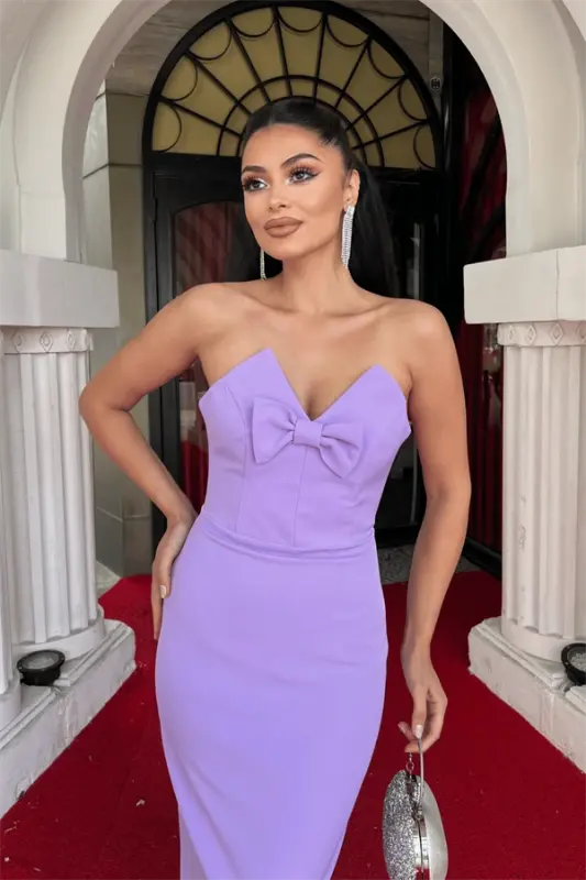 Atlas Fabric Strapless Bow Pencil Dress - LILAC - 4