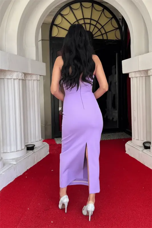 Atlas Fabric Strapless Bow Pencil Dress - LILAC - 5