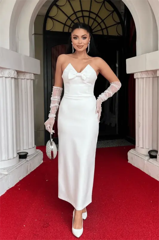 Atlas Fabric Strapless Bow Pencil Dress - WHITE - BÜYÜKBEDENIZ