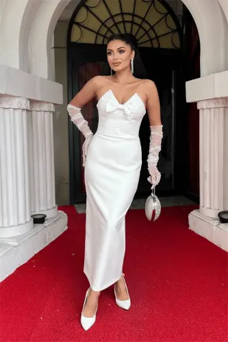 Atlas Fabric Strapless Bow Pencil Dress - WHITE - BÜYÜKBEDENIZ (1)