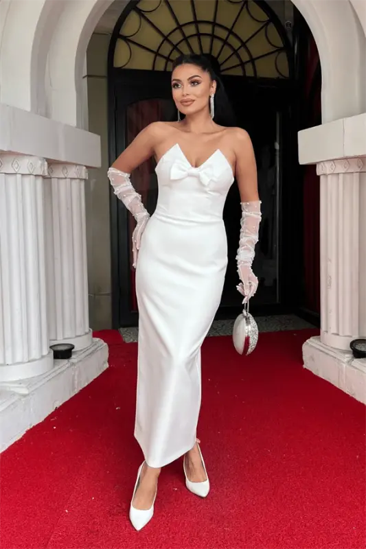 Atlas Fabric Strapless Bow Pencil Dress - WHITE - 2