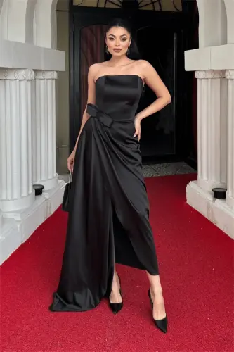 Atlas Fabric Strapless Evening Dress - BLACK - BÜYÜKBEDENIZ (1)