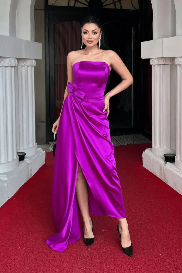 Atlas Fabric Strapless Evening Dress - FUCHSIA - 1