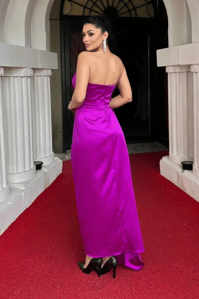 Atlas Fabric Strapless Evening Dress - FUCHSIA - 5