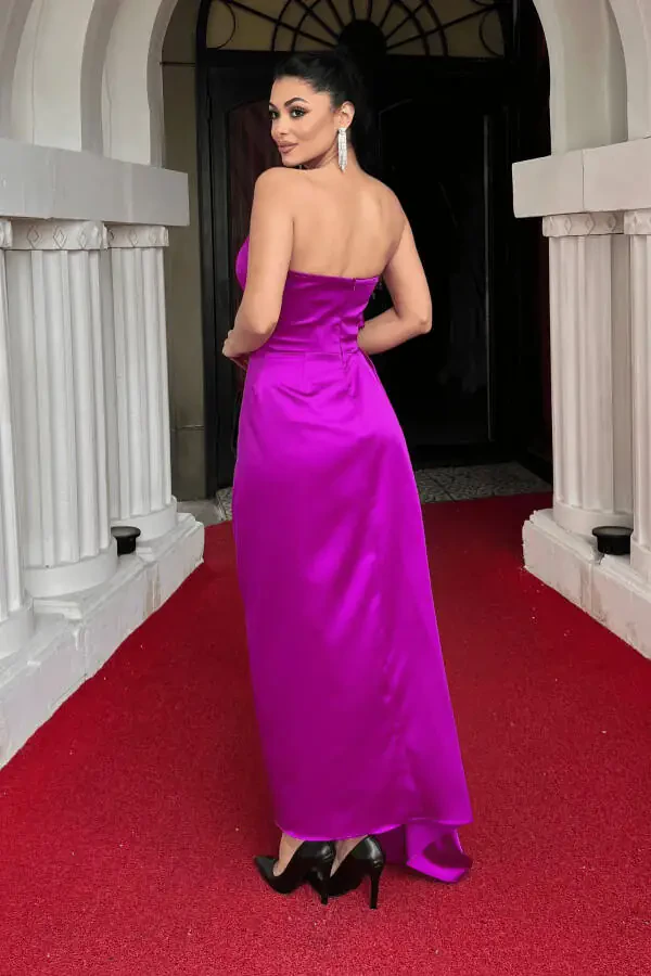 Atlas Fabric Strapless Evening Dress - FUCHSIA - 5