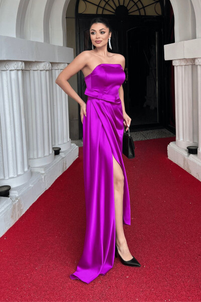 Atlas Fabric Strapless Evening Dress - FUCHSIA - GIYIMMASALI (1)