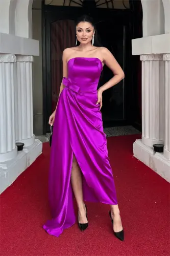 Atlas Fabric Strapless Evening Dress - FUCHSIA - 1